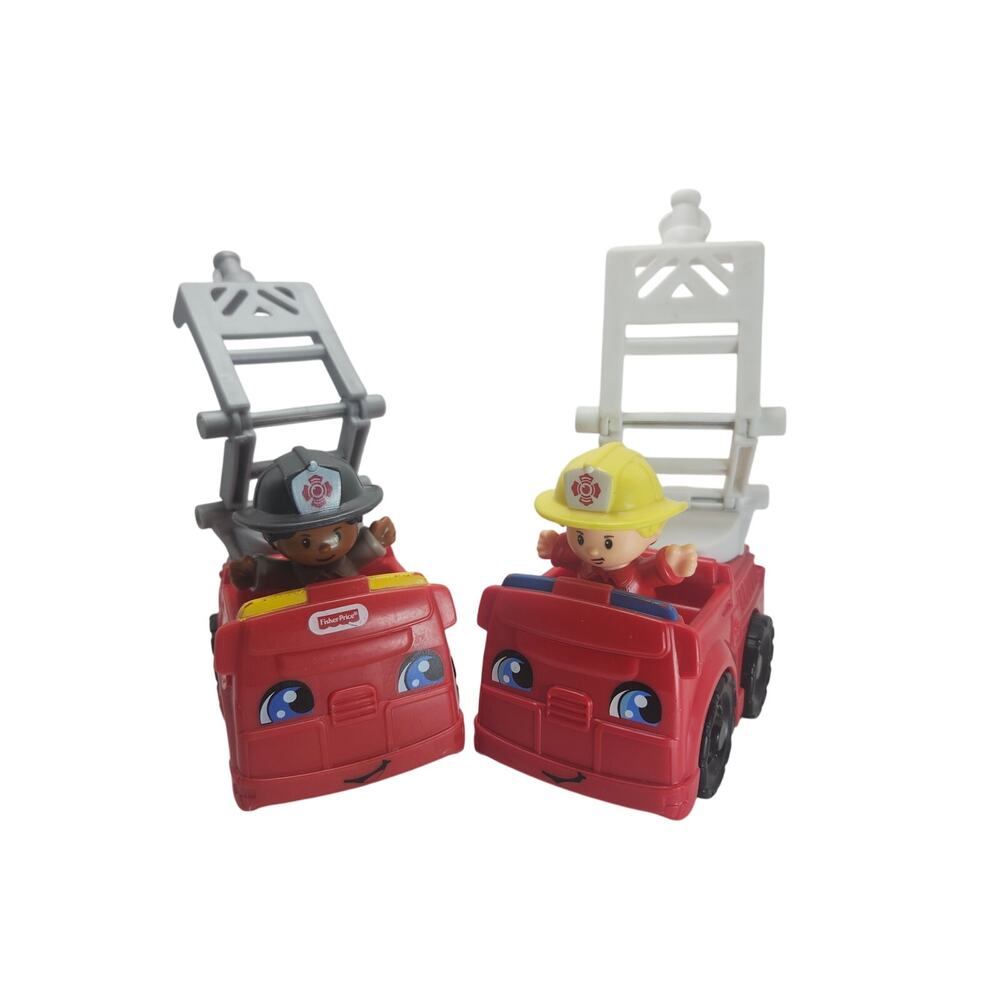 Fisher Price Little People Fire Engine Pair Ladder Trucks w/ 2 Firefighters Set